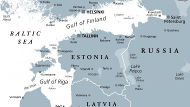 Gulf of Finland and Gulf of Riga region, gray political map. Nordic countries Finland, Estonia and Latvia, and seaway from Baltic Sea to St Petersburg.