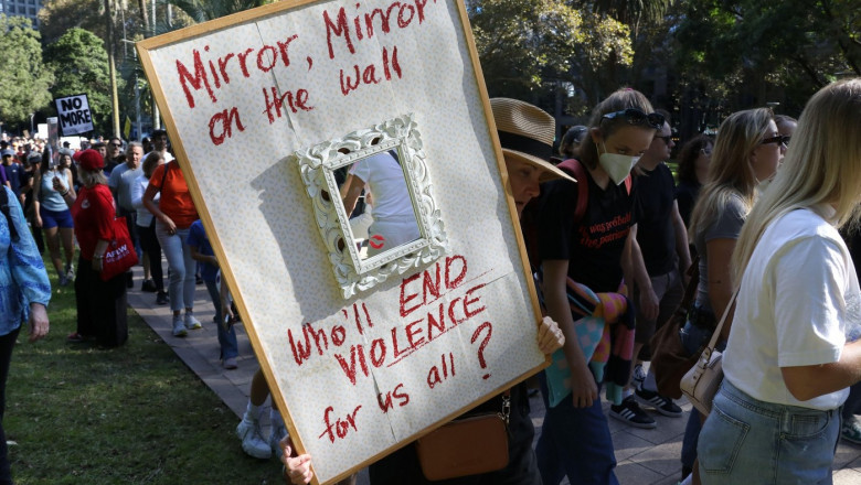 Sydney, Australia. 27th April 2024. Protesters marched from Belmore Park to Hyde Park in a rally hosted by What Were You Wearing described as Between the 26-28th, people from all over Australia are coming together in their communities to rally against vio