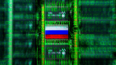 Computer boards with Russia flag, symbolic photo Cyberattacken, Computerplatinen mit Russland-Fahne, Symbolfoto Cyberattacken