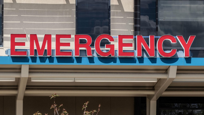 Emergency Room and Emergency Department entrance sign for a hospital in alert red.