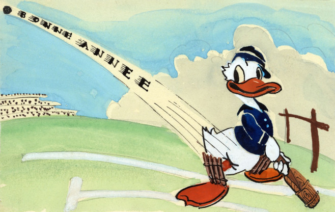 Hand-drawn and painted postcard featuring a cricketing Duck