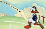 Hand-drawn and painted postcard featuring a cricketing Duck