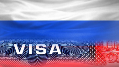 United States of America Visa Document, with Russia flag in the background.