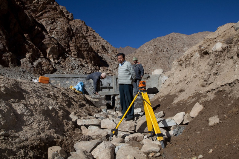 Mr Chewang Norphel at his artificial glacier project in Nang. He has 10 projects in the region to bring water to local villages.