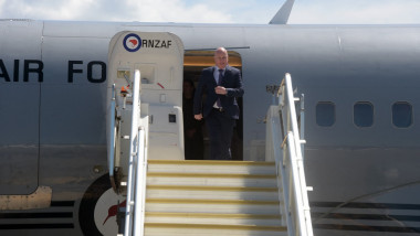New Zealand's Prime Minister Christopher Luxon alights from a Royal New Zealand Air Force aircraft