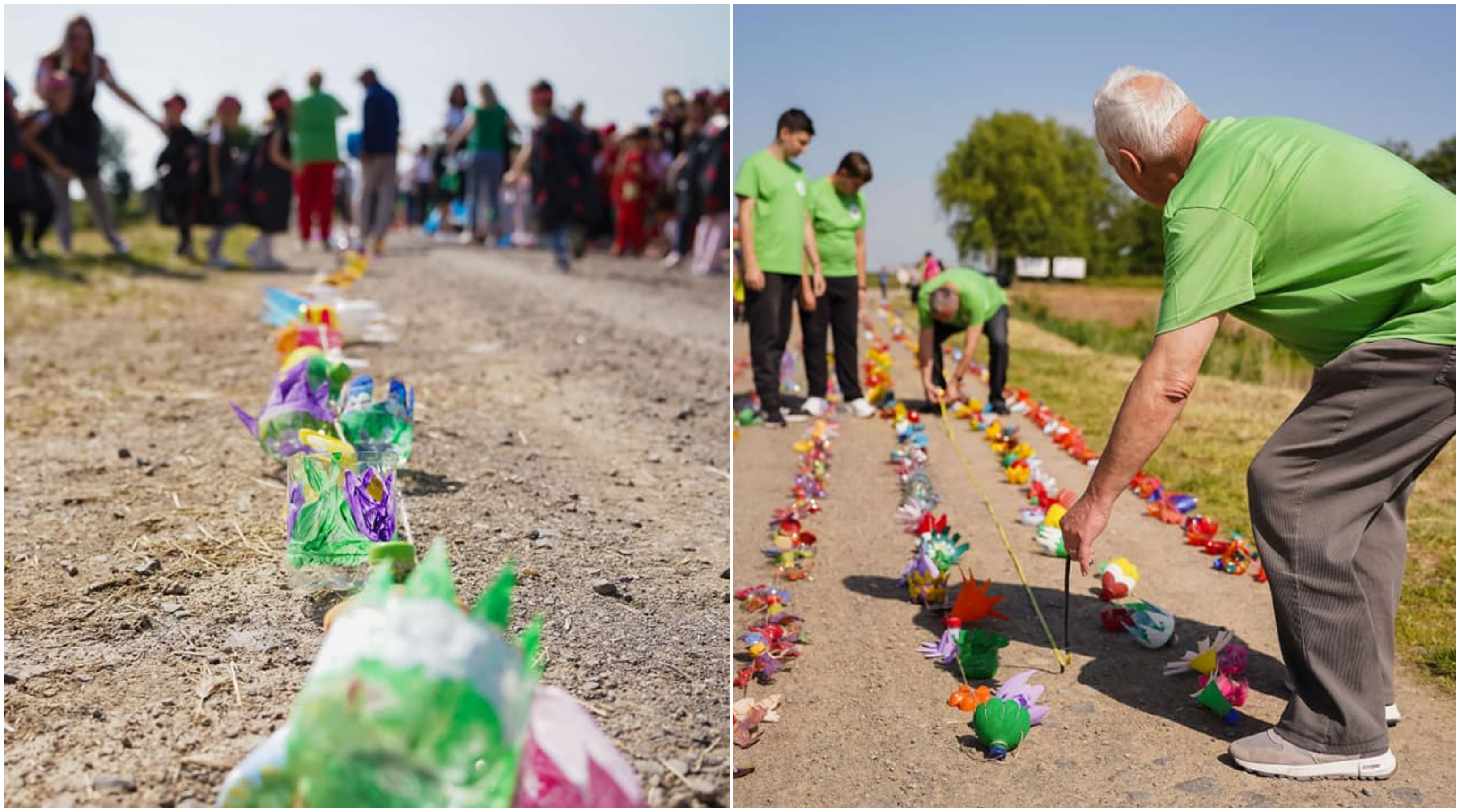 Un şirag de flori din PET-uri, lung de 330 de metri și realizat de copii de grădiniţă din Satu Mare, a intrat în Cartea Recordurilor
