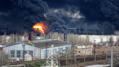 Oil depot fire caused by Russian missiles in Odessa, Ukraine - 3 Apr 2022
