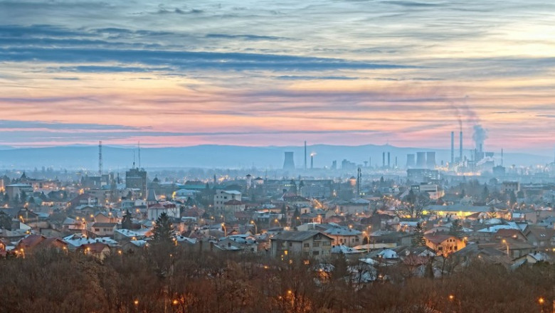 Overview Of Ploiesti City Romania Early In The Morning With Refinery In The Background One Of The