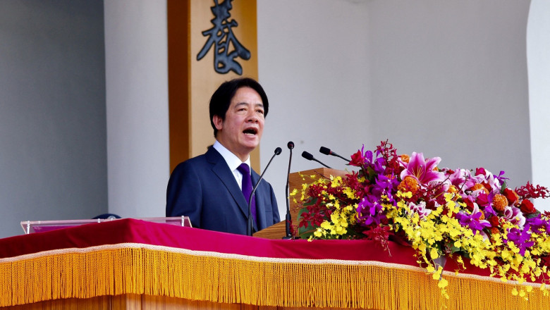 Taiwan President Lai Ching-te speaks at the microphone