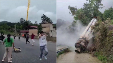 localnicii dintr-un sat din China fug din calea resturilor unei rachete spațiale care se prăbușesc peste satul lor / propulsor de rachetă prăbușit peste o stradă în China