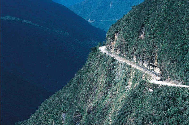 BOLIVIA Yungas LANDSCAPE: A ROAD IN THE MOUNTAINS