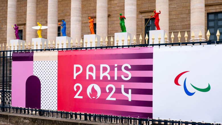 Paris, France. 3rd June, 2024. Statues with sports equipment stand in front of the Palais Bourbon, the seat of the French National Assembly to announce the Olympic Games. Frank Molter/Alamy Live news
