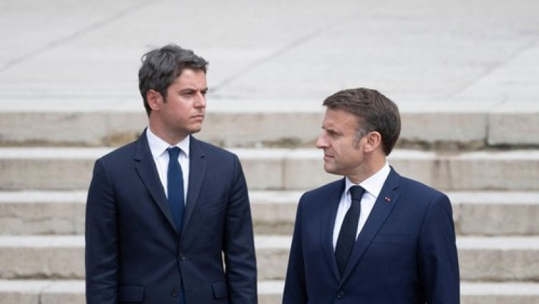 French President Emmanuel Macron and France's Prime Minister Gabriel Attal attend a ceremony marking the 84th anniversary of late French General Charles de Gaulle's World War II resistance call of June 18, 1940, at the Mont-Valerien memorial in Suresnes,