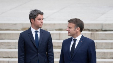French President Emmanuel Macron and France's Prime Minister Gabriel Attal attend a ceremony marking the 84th anniversary of late French General Charles de Gaulle's World War II resistance call of June 18, 1940, at the Mont-Valerien memorial in Suresnes,
