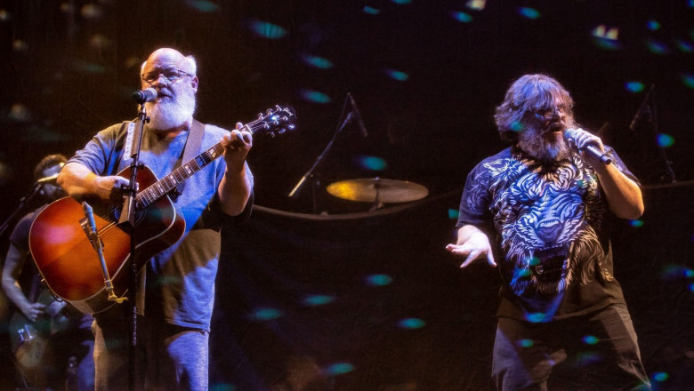 **FILE PHOTO** Jack Black Cancels Tenacious D Tour After Kyle Gass Assassination Comment. LAS VEGAS, NV - December 30, 2018: ***HOUSE COVERAGE*** Kyle Gass and Jack Black pictured as Tenacious D performs at The Joint at Hard Rock Hotel &amp; Casino in Las Veg