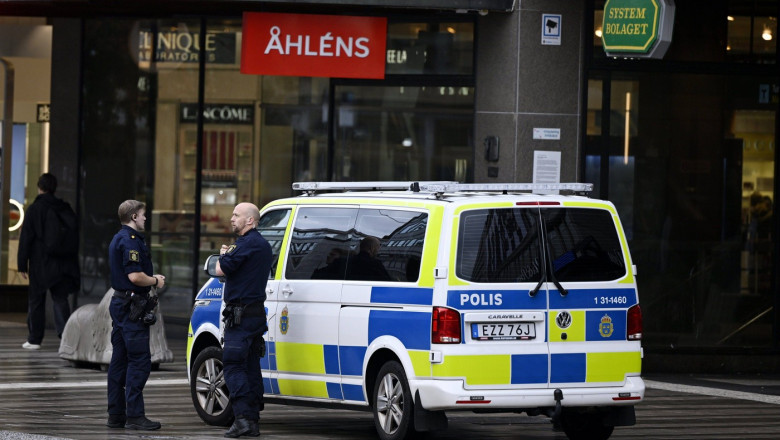 Police van of the Swedish police forces at the Drottninggatan in Central Stockholm in Sweden on 11th October, 2023. Stoc