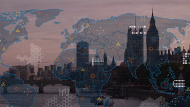 Image of world map and data processing against aerial view of london city