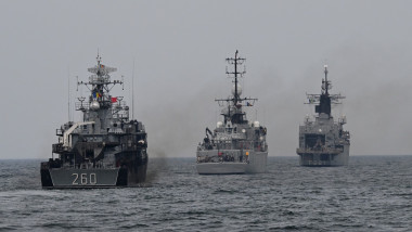 Romanian Navy frigate "King Ferdinand" (R), a Bulgarian war ship (C) and Romanian corvette "Admiral Barbuneanu" (L) march on the Black Sea during "Sea Shield 24" exercise April 16, 2024