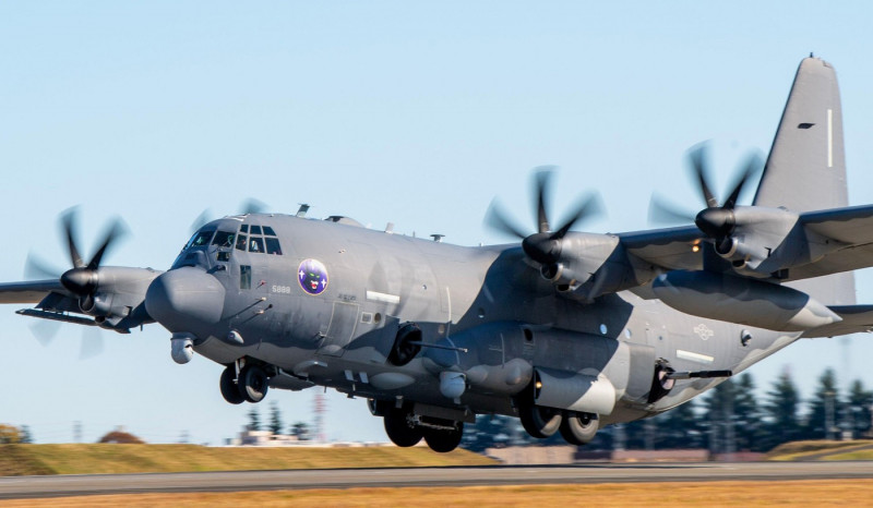 A U.S. Air Force AC-130J Ghostrider assigned to the 17th Special Operations Squadron, Cannon Air Force Base, N.M. takes off at Yokota Air Base, Japan, Nov. 16, 2022, during exercise Keen Sword 23. The 17 SOS conducted the Agile Combat Employment strategy