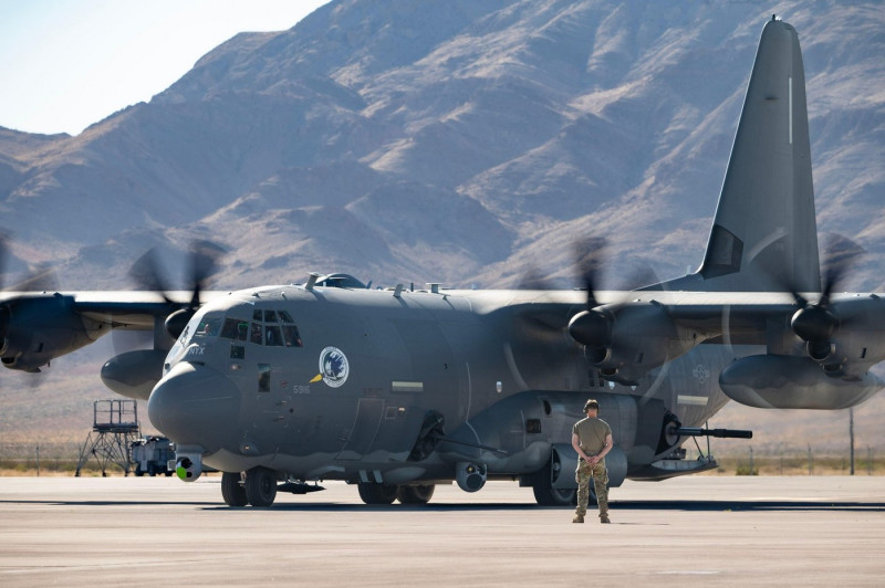 An AC-130J Ghostrider prepares to taxi out for a Weapons School Integration mission at Nellis Air Force Base, Nevada, May 30, 2024. The USAF Weapons S