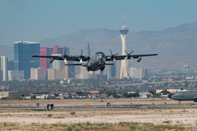 An AC-130J Ghostrider takes off for a Weapons School Integration mission at Nellis Air Force Base, Nevada, May 30, 2024. The USAF Weapons School teach