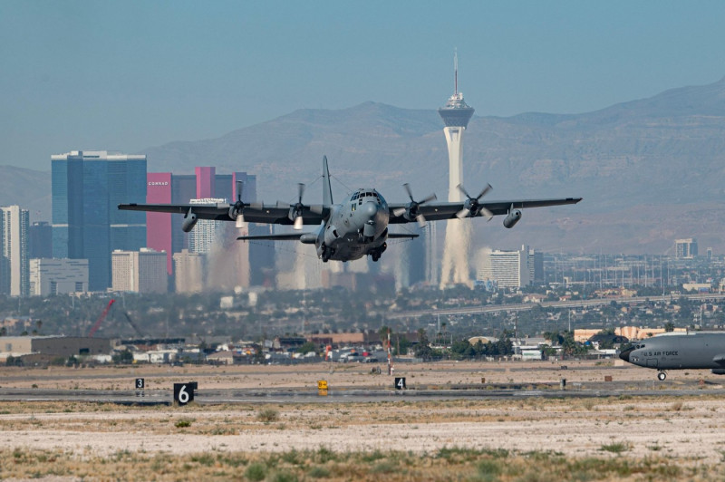 An AC-130J Ghostrider takes off for a Weapons School Integration mission at Nellis Air Force Base, Nevada, May 30, 2024. The USAF Weapons School teach