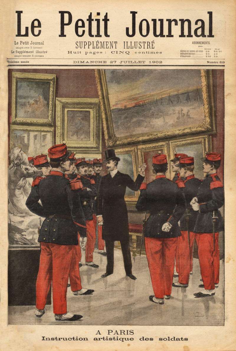 Instruction artistique des soldats de la caserne des Tourelles et de celle du chateau d'eau, au musee du Luxembourg, a Paris; chaque mercredi, un officier en civil est charge d'expliquer le sens des tableaux exposes dans les galeries de peinture. Gravure