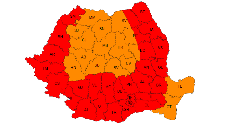 HARTĂ Cod roșu de caniculă în mai mult de jumătate din țară, cel mai extins emis vreodată de meteorologi