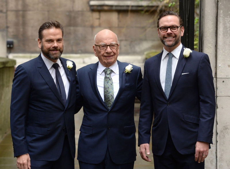 London, UK. March 5th, 2016.File Photo. Rupert Murdoch steps down as Chairman of Fox and NewsCorp. His son Lachlan Murdoch takes over from him.Seen here in 2016 Rupert Murdoch accompanied by his sons James Murdoch, and Lachlan Murdoch (left) attending t