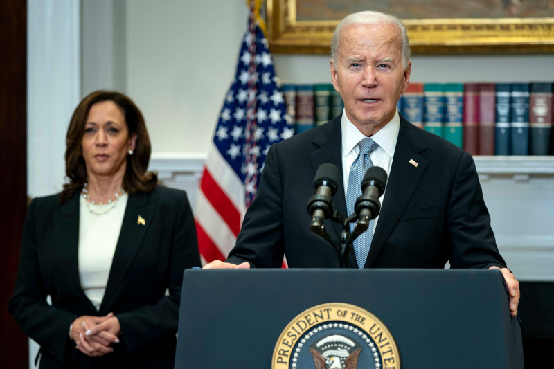 United States President Joe Biden delivers remarks as US Vice President Kamala Harris look on after former President Donald Trump was injured following a shooting at a July 13 election rally in Pennsylvania in the Roosevelt Room of the White House in Wash