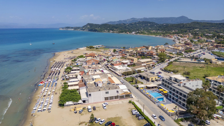 Aerial view of town and Paralia Sidari Beach, Sidari, Ionian Islands, Greek Islands, Greece, Europe Copyright: FrankxFel