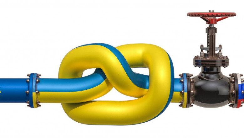 Gas conflict between Ukraine and Russia concept. Pipeline tied in a knot, 3D rendering isolated on white background