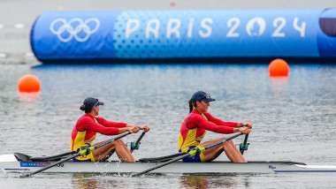 Paris, France. 27th July, 2024. PARIS, FRANCE - JULY 27: Ancuta Bodnar of Romania and Simona Radis of Romania competing in the Women's Double Sculls Heats during Day 1 of Rowing - Olympic Games Paris 2024 at Vaires-Sur-Marne Nautical Stadium on July 27, 2