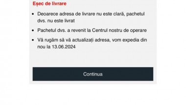 Înșelătorie care folosește identitatea vizuală a Poștei Române. Foto- DNSC