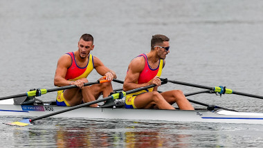 Paris, France. 27th July, 2024. PARIS, FRANCE - JULY 27: Andrei Sebastian Cornea of Romania and Marian Florian Enache of Romania competing in the Men's Double Sculls Heat during Day 1 of Rowing - Olympic Games Paris 2024 at Vaires-Sur-Marne Nautical Stadi