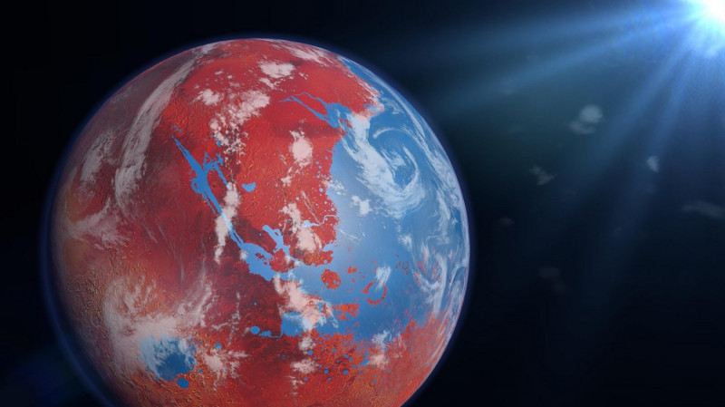 ancient Mars with oceans and clouds, surface water on the red planet (3d space render, elements of this image are furnished by NASA)