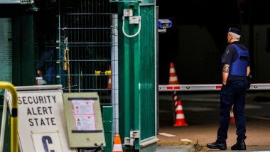 Geilenkirchen Germania 22nd Aug, 2024. Soldiers guard the entrance area, on the left is a sign indicating the current status C of the security situation. After security incidents at military sites, NATO sends employees at Geilenkirchen airfield home. The