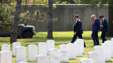 Republican presidential candidate, former President Donald Trump departs an event at Arlington National Cemetery