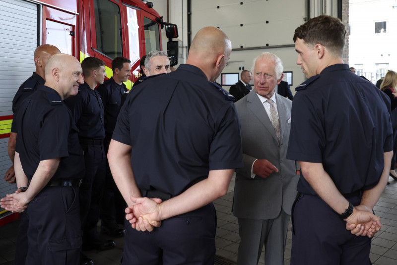 Britain's King Charles visits Community Fire Station in Southport on 20 August 2024