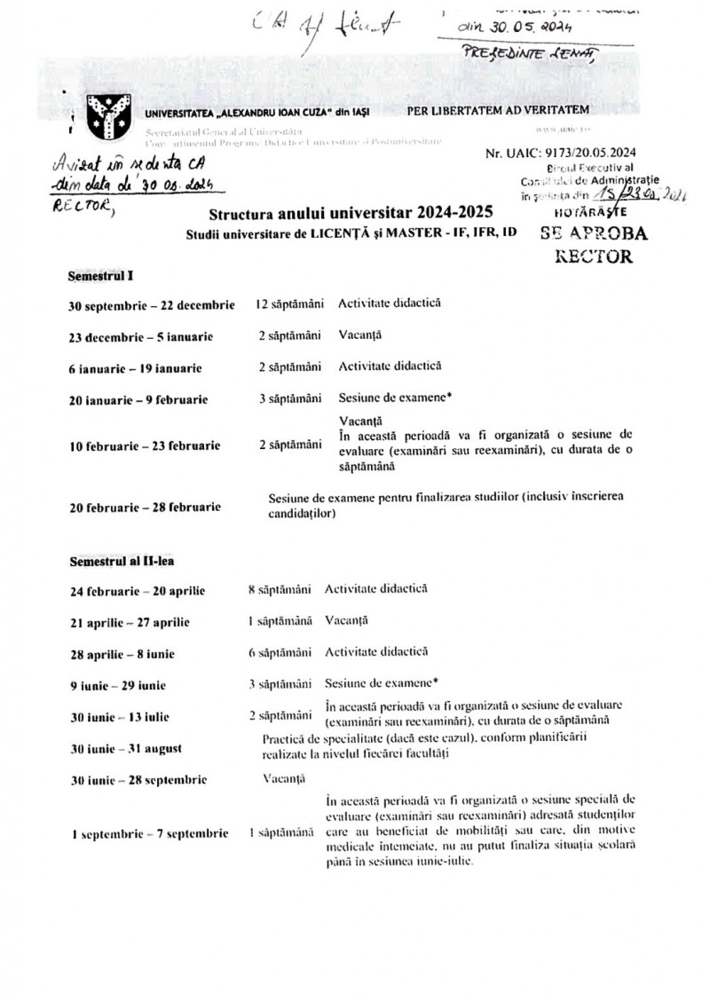 Structura anului universitar 2024-2025 pentru Universitatea Alexandru Ioan Cuza din Iași. Foto Uaic.ro