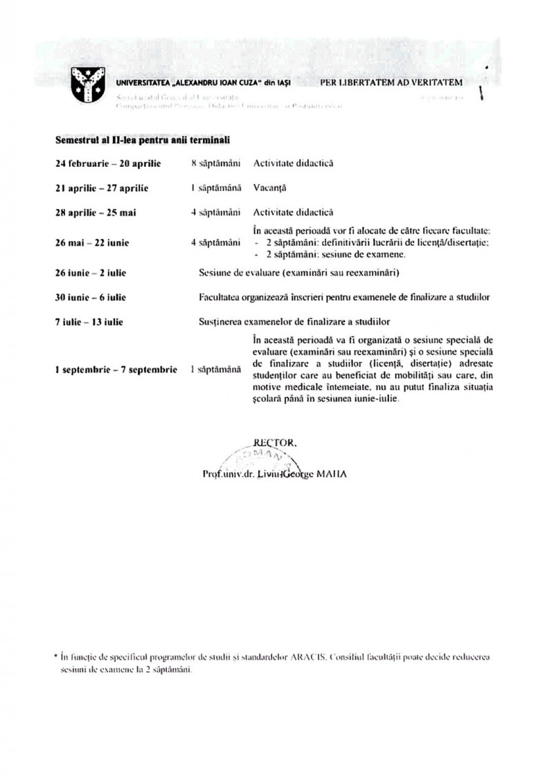 Structura anului universitar 2024-2025 Universitatea Alexandru Ioan Cuza din Iași. Foto Uaic.ro