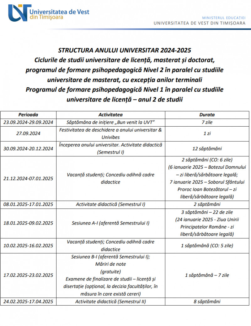 Calendar an universitar 2024-2025 pentru Universitatea de Vest din Timișoara (UVT). Foto Uvt.ro