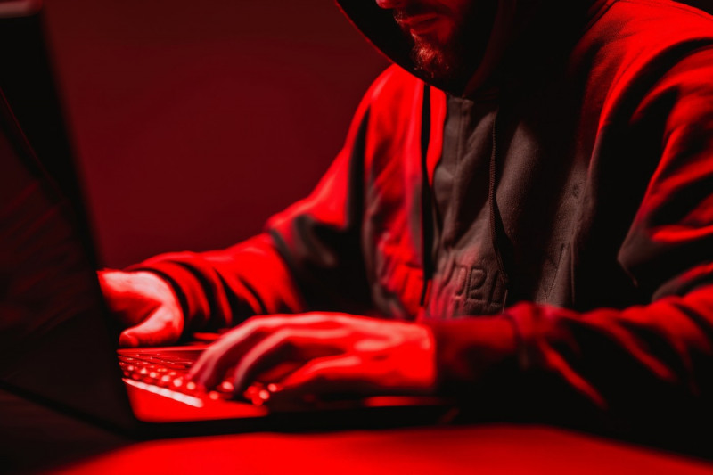 A person in a hoodie immersed in the red hue of their laptop screen.