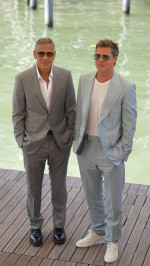 George Clooney and Brad Pitt arrive at the Excelsior Hotel during the 81 Venice Film Festival