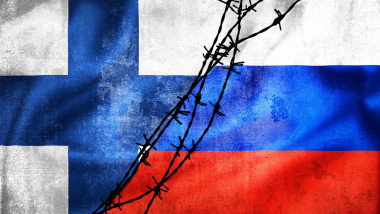 Grunge flags of Russian Federation and Finland divided by barb wire illustration