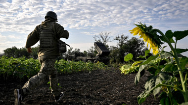 Ukrainian artillerymen fire multiple rocket launcher in Donetsk region