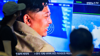 A 24-hour Yonhapnews TV broadcast at Yongsan Railway Station in Seoul showing a news broadcast with North Korean leader Kim Jong Un inspects a test-fire of a new 600mm multiple rocket launcher. North Korean leader Kim Jong Un has called for increasing the