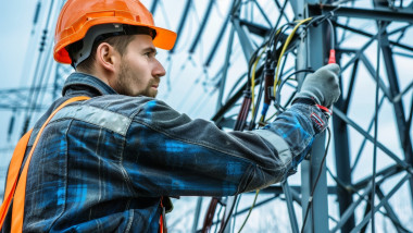 An electrician at work with strong power lines.