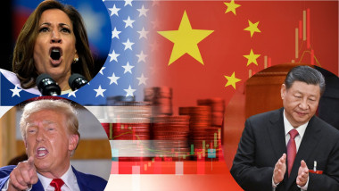 Colaj cu Kamala Harris, Donald Trump, Xi Jinping și steagurile SUA și China