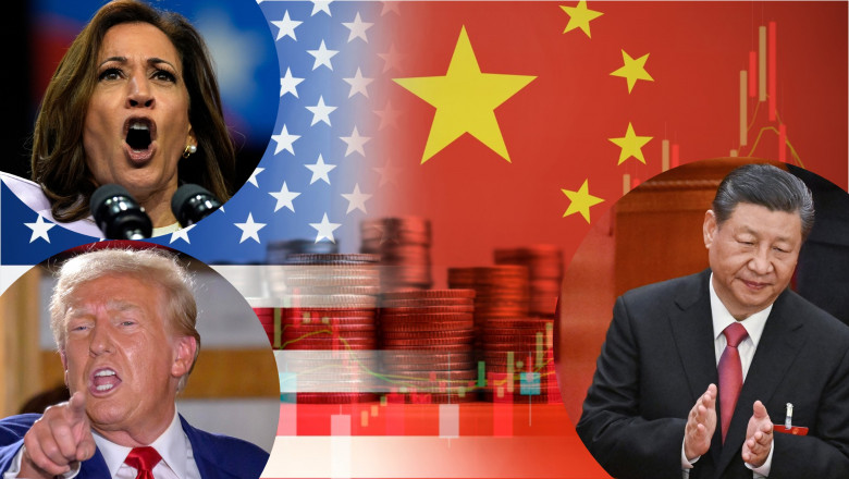 Colaj cu Kamala Harris, Donald Trump, Xi Jinping și steagurile SUA și China